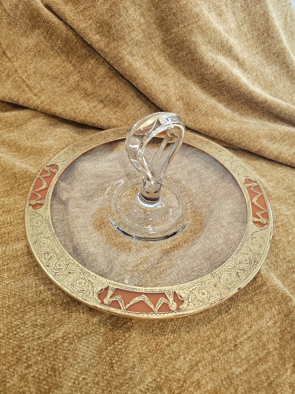 Vintage Glass Tidbid Tray with Center Handle and Gold and Orange Rim